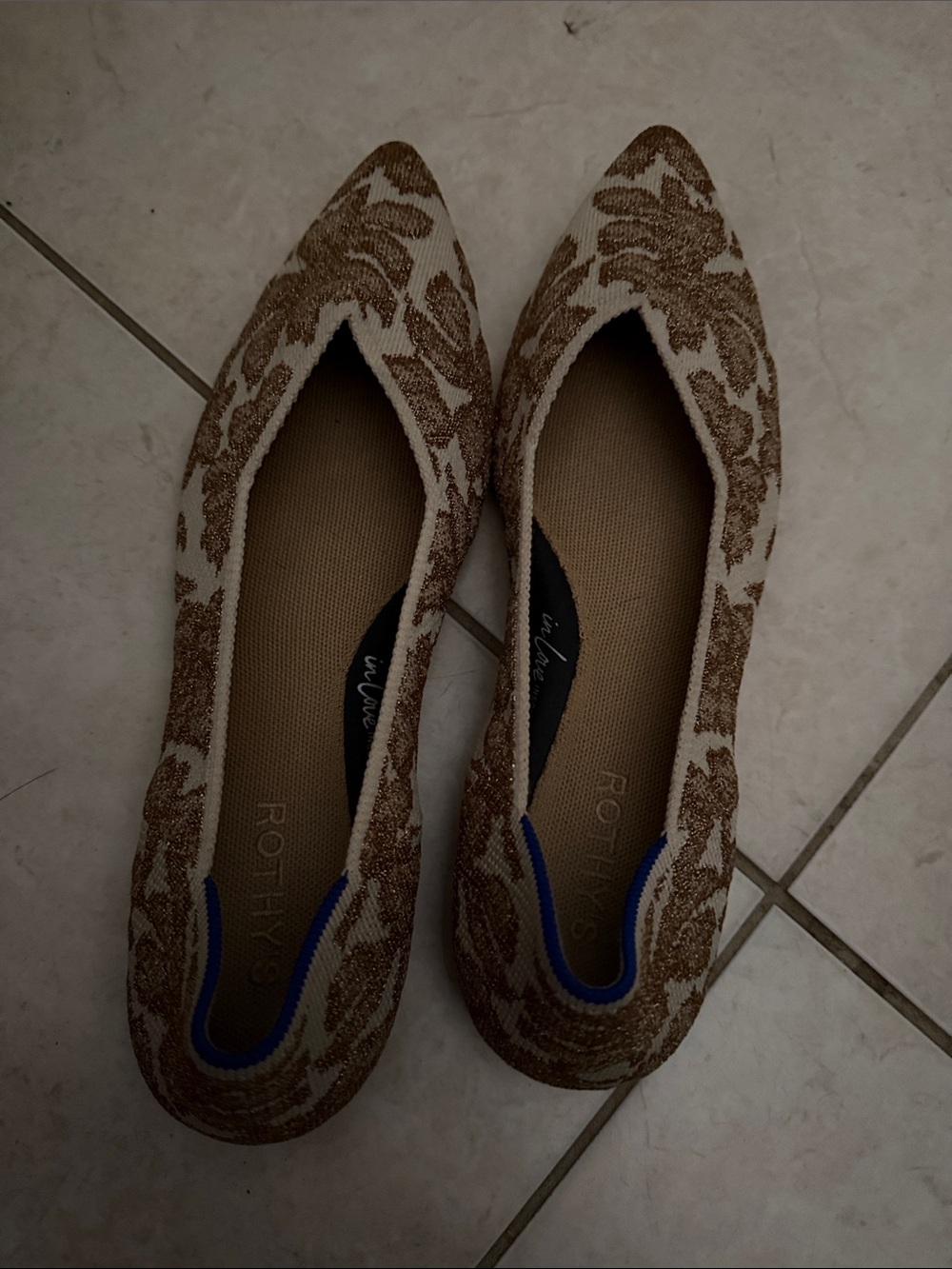 Rothy's Pointed Toe Ballet Flats in Cream and gold thread